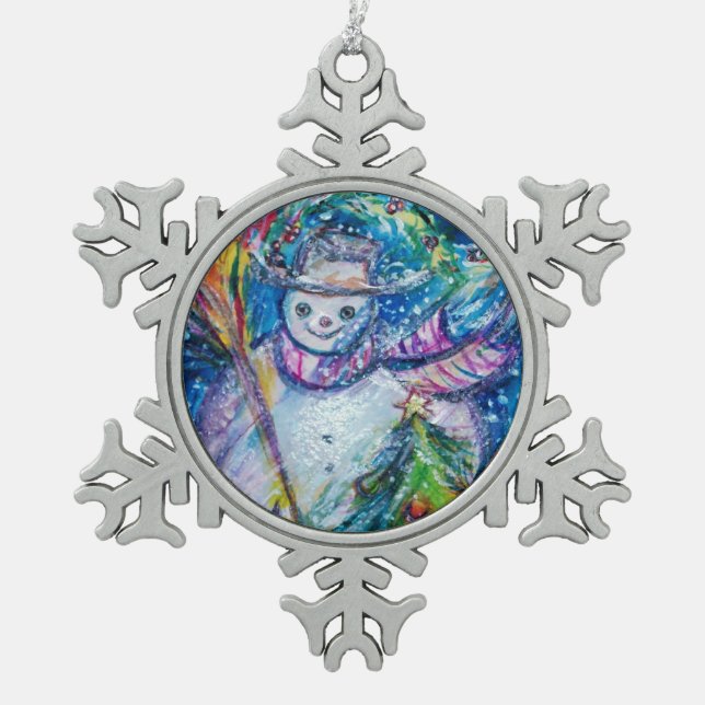 SNOWMAN WITH CHRISTMAS TREE AND TOYS SNOWFLAKE PEWTER CHRISTMAS ORNAMENT (Front)