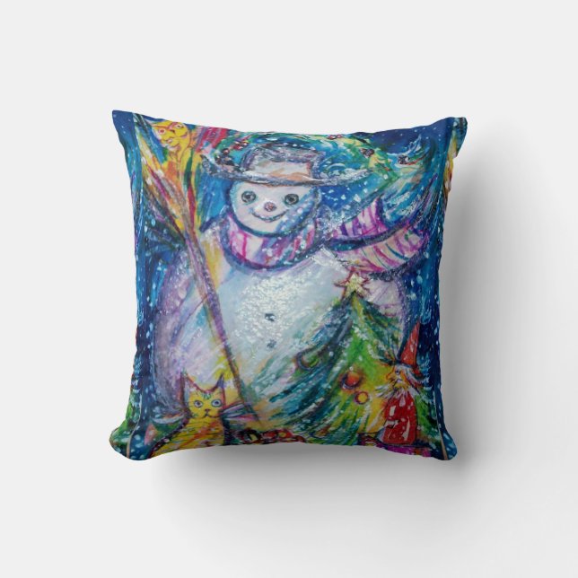 SNOWMAN WITH CHRISTMAS TREE AND TOYS THROW PILLOW (Front)