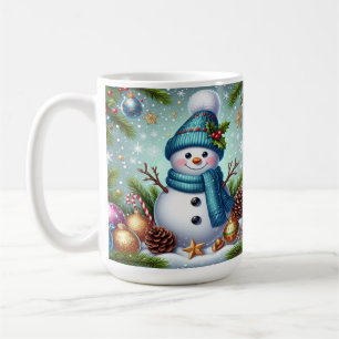 Snowman With Christmas Tree Ornament, Snowflakes Coffee Mug