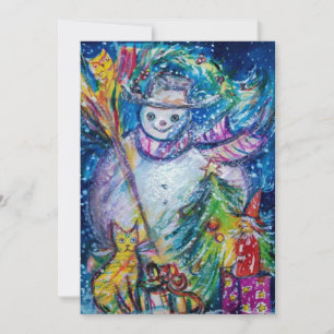 SNOWMAN WITH CHRISTMAS TREE, OWL AND TOYS HOLIDAY CARD