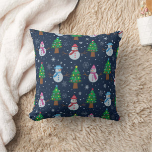 Snowman with Christmas trees and snowflakes  Throw Pillow