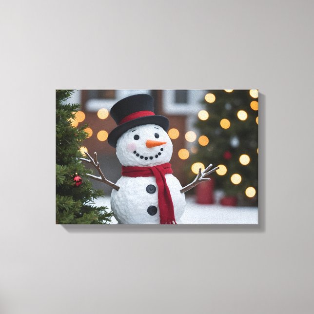 Snowman With Christmas Trees In The Winter Canvas Print (Front)