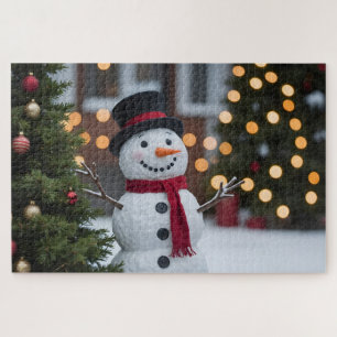 Snowman With Christmas Trees In The Winter Jigsaw Puzzle
