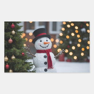 Snowman With Christmas Trees In The Winter Sticker