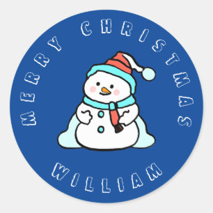 Snowman With Custom Name   Christmas Navy Blue Classic Round Sticker