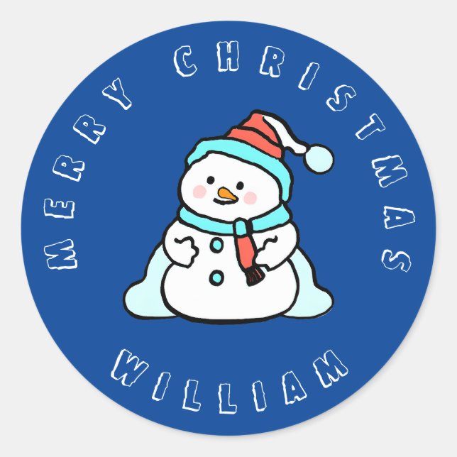 Snowman With Custom Name | Christmas Navy Blue Classic Round Sticker (Front)
