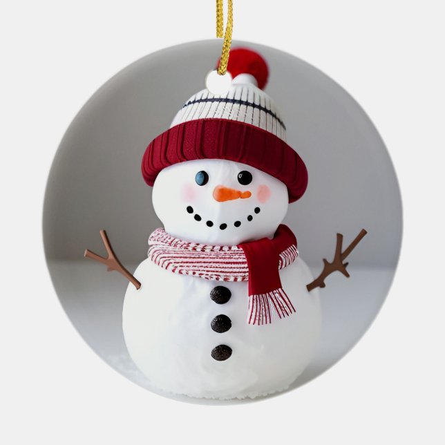Snowman with cute Hat Ceramic Ornament (Front)