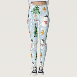 Snowman With Fir Tree In Watercolor Pattern Leggings