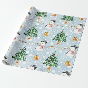Snowman With Fir Tree In Watercolor Pattern Wrapping Paper