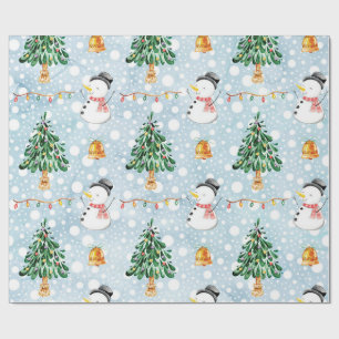 Snowman With Fir Tree In Watercolor Pattern Wrapping Paper