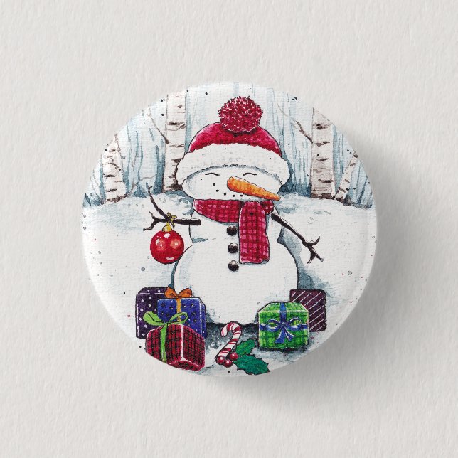 Snowman With Gifts In Watercolor  1 Inch Round Button (Front)