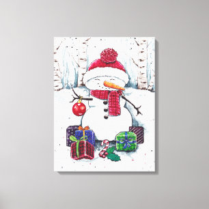 Snowman With Gifts In Watercolor Canvas Print