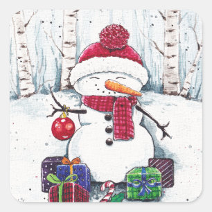 Snowman With Gifts In Watercolor  Classic Round St Square Sticker