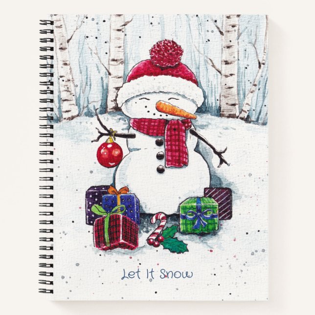 Snowman With Gifts In Watercolor  Notebook (Front)
