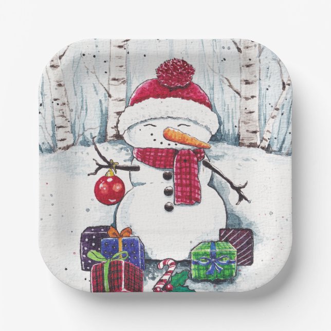 Snowman With Gifts In Watercolor  Paper Plate (Front)
