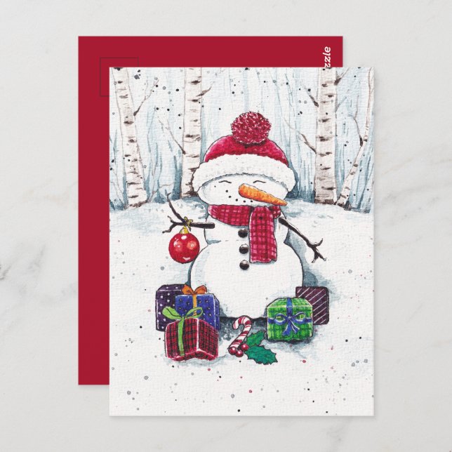 Snowman With Gifts In Watercolor  Postcard (Front/Back)