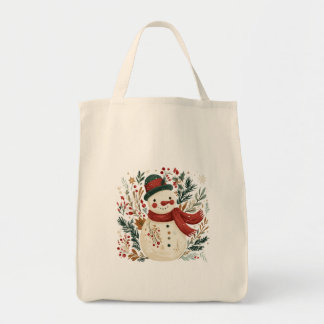 Snowman with Green Hat and Red Scarf Tote Bag
