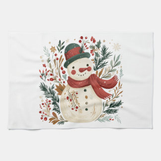 Snowman with Green Hat, Red Scarf and Greenery Kitchen Towel