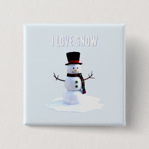 Snowman with hat and scarf. I Love Snow 2 Inch Square Button