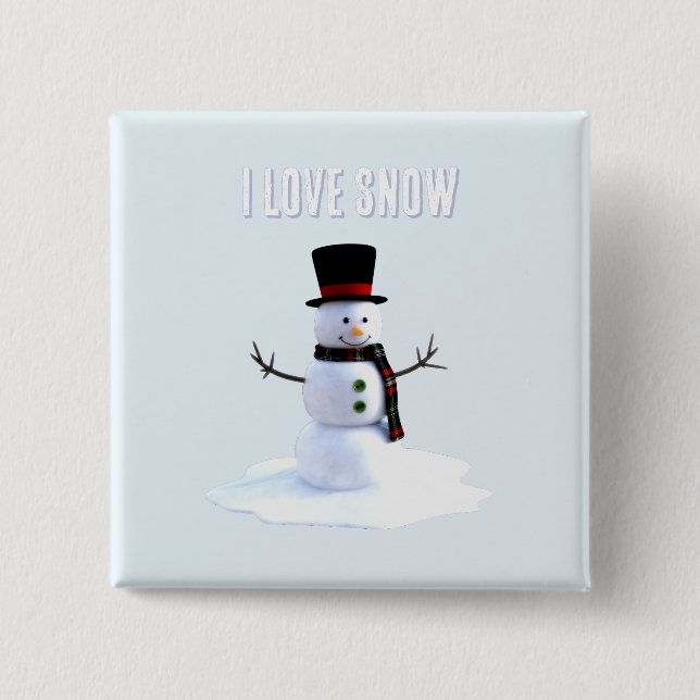 Snowman with hat and scarf. I Love Snow 2 Inch Square Button (Front)