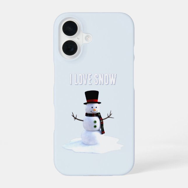 Snowman with hat and scarf. I Love Snow iPhone 16 Case (Back)