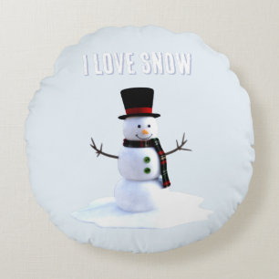 Snowman with hat and scarf. I Love Snow Round Pillow
