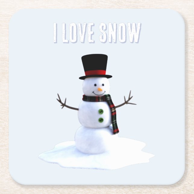 Snowman with hat and scarf. I Love Snow Square Paper Coaster (Front)
