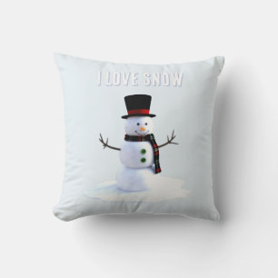 Snowman with hat and scarf. I Love Snow Throw Pillow