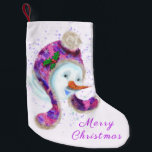 Snowman with Hat Christmas Stocking<br><div class="desc">Christmas Stockings with Happy Snowman In Purple Pink Beanie Winter Hat Fun Christmas Painting Collection Christmas Stocking - or Choose / Add Your Unique Text / Name / Colour - Make Your Special Gift - Resize and move or remove / add elements - image / text with Customization tool. Painting...</div>