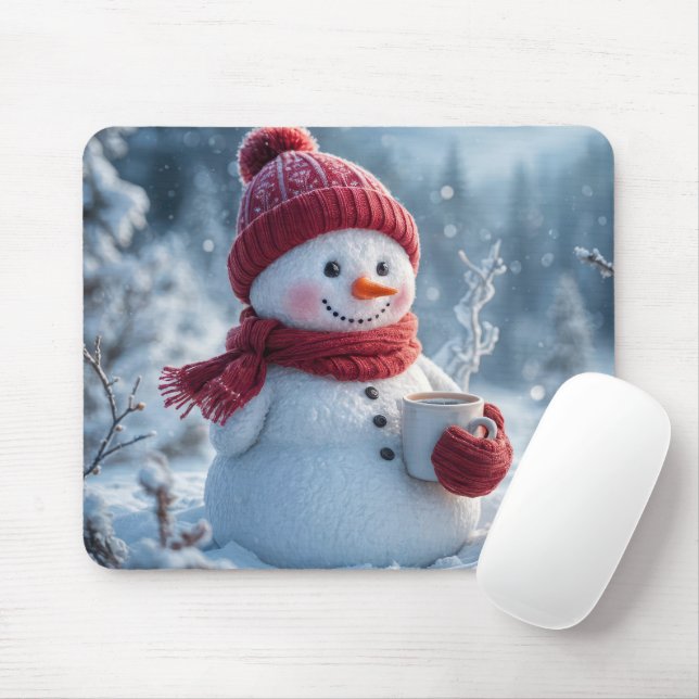 Snowman With Hot Chocolate Mouse Pad (With Mouse)