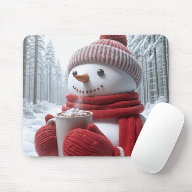 Snowman With Hot Chocolate Mouse Pad (With Mouse)