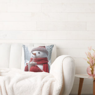 Snowman With Hot Chocolate Throw Pillow