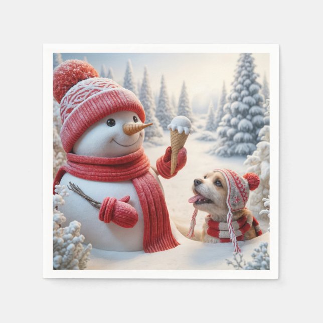 Snowman With Ice Cream Cone and Dog Napkin (Front)