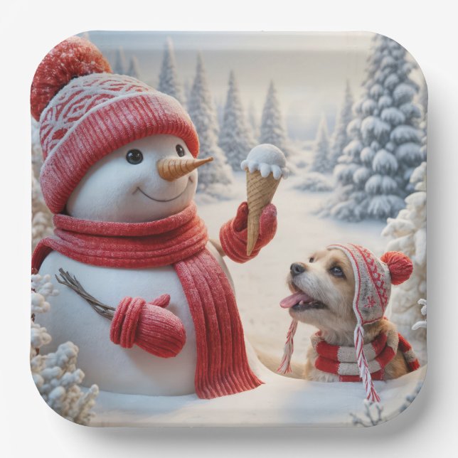 Snowman With Ice Cream Cone and Dog Paper Plate (Front)