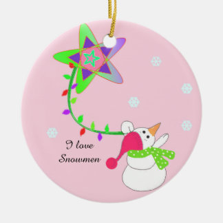Snowman with Lights and a Star Ceramic Ornament