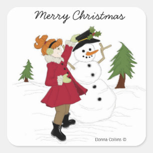 Snowman  with little girl square sticker