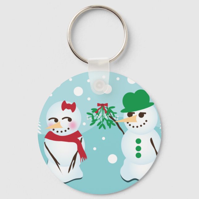 Snowman with Mistletoe Wanting a Kiss Keychain (Front)