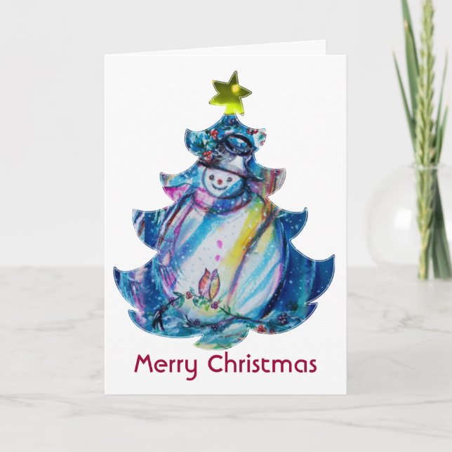SNOWMAN WITH OWL AND CHRISTMAS TREE HOLIDAY CARD (Front)