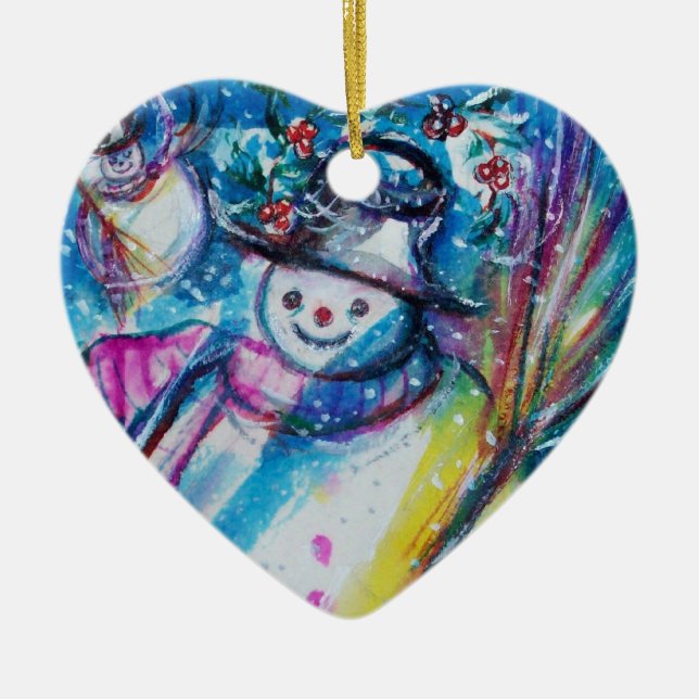 SNOWMAN WITH OWL Heart Ceramic Ornament (Front)