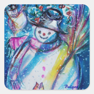 SNOWMAN WITH OWL IN WINTER NIGHT SQUARE STICKER