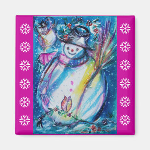 SNOWMAN WITH OWL / Purple White Snowflakes Magnet