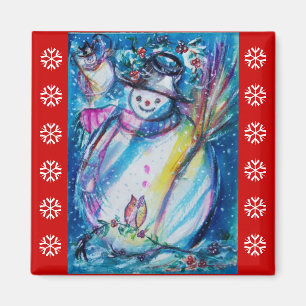 SNOWMAN WITH OWL / Red White Snowflakes Magnet