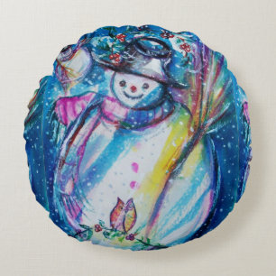 SNOWMAN WITH OWL Winter Season Round Pillow