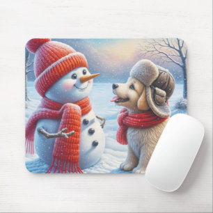 Snowman With Puppy Mouse Pad