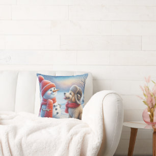 Snowman With Puppy Throw Pillow