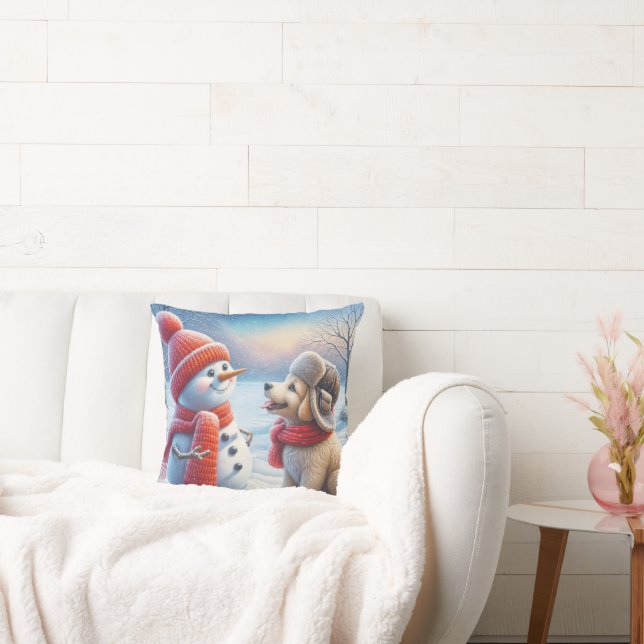 Snowman With Puppy Throw Pillow (Couch)
