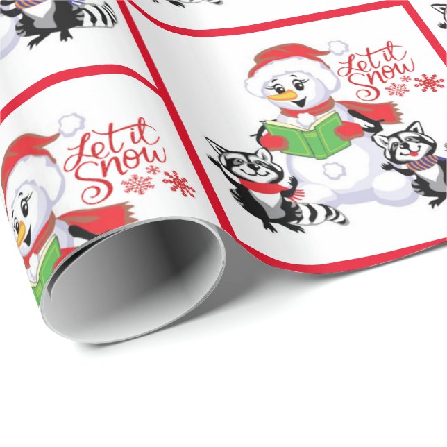 Snowman With Raccoons Let it Snow Christmas Wrapping Paper (Roll Corner)