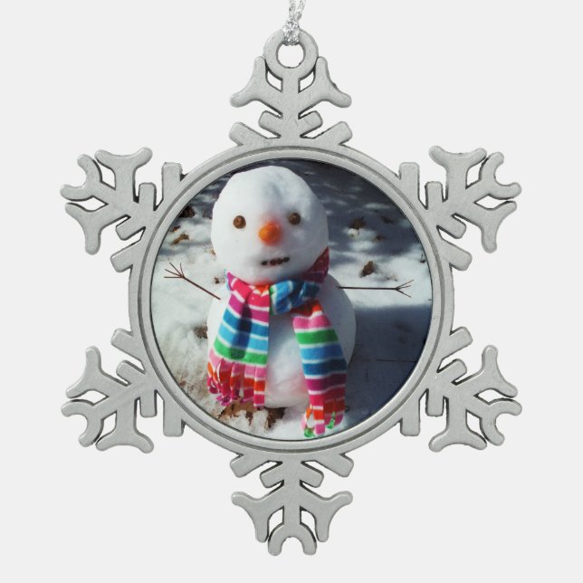 Snowman with Rainbow Scarf Snowflake Pewter Christmas Ornament (Front)
