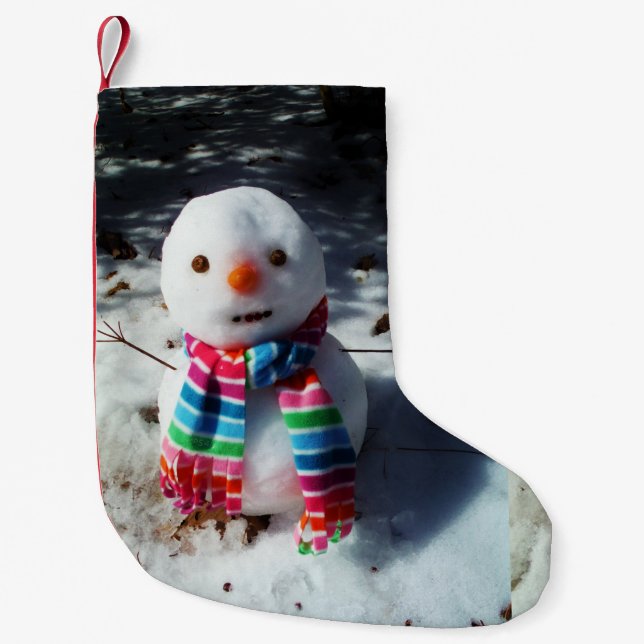Snowman with Rainbow Scarf Snowman with Rainbow Sc Small Christmas Stocking (Front)