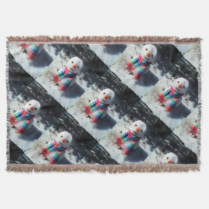 Snowman with rainbow Scarf Throw Blanket